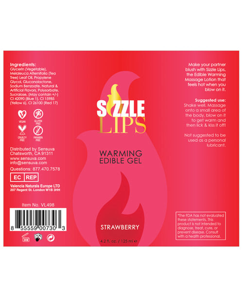 The label that's wrapped around the Sizzle Lips Warming Gel bottles laid out flat, making it easier to read the label. | Kinkly Shop