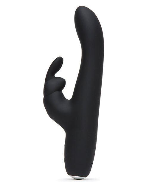 Side view of the Greedy Girl Rechargeable Slimline that showcases the shaft tip's g-spot curve to better hit the g-spot. The clitoral arm has two bunny ear protrusions. | Kinkly Shop