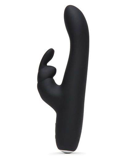 Side view of the Greedy Girl Rechargeable Slimline that showcases the shaft tip's g-spot curve to better hit the g-spot. The clitoral arm has two bunny ear protrusions. | Kinkly Shop