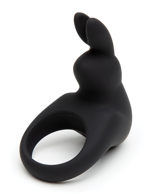 The Happy Rabbit Rechargeable Cock Ring in black against a plain white background | Kinkly Shop