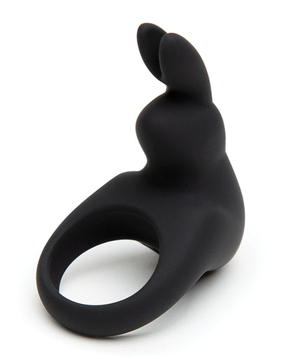 The Happy Rabbit Rechargeable Cock Ring in black against a plain white background | Kinkly Shop