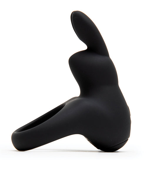 Side view of the Happy Rabbit Rechargeable Cock Ring, showcasing the flexible silicone material that makes up the ring material as well as the flexible rabbit ear prongs. | Kinkly Shop