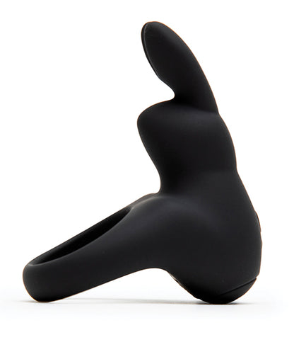 Side view of the Happy Rabbit Rechargeable Cock Ring, showcasing the flexible silicone material that makes up the ring material as well as the flexible rabbit ear prongs. | Kinkly Shop