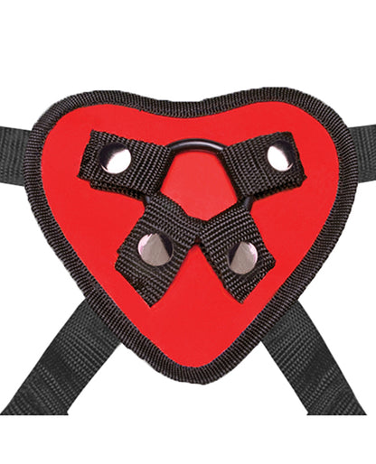 Close-up on the interchangeable O-ring design of the Lux Fetish Red Heart Strap-On Set harness. The four snaps allow the O-ring to be swapped out as desired. | Kinkly Shop