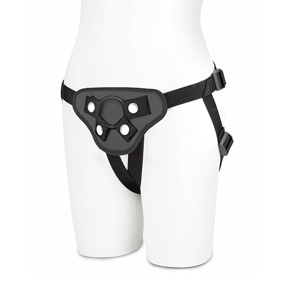 A mannequin wears the Lux Fetish Beginner's Strap On Harness. It's a four-strap harness with multiple buckles to adjust the fit of the harness. | Kinkly Shop