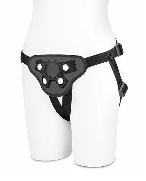 A mannequin wears the Lux Fetish Beginner's Strap On Harness. It's a four-strap harness with multiple buckles to adjust the fit of the harness. | Kinkly Shop