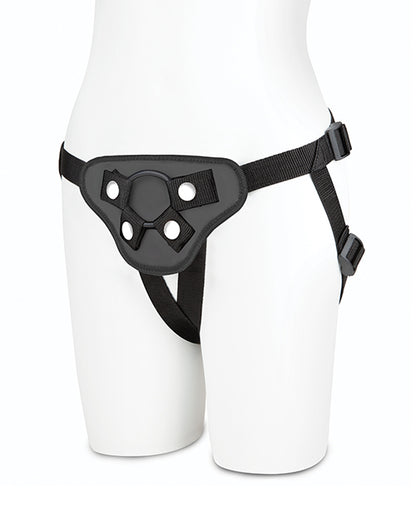 A mannequin wears the Lux Fetish Beginner's Strap On Harness. It's a four-strap harness with multiple buckles to adjust the fit of the harness. | Kinkly Shop
