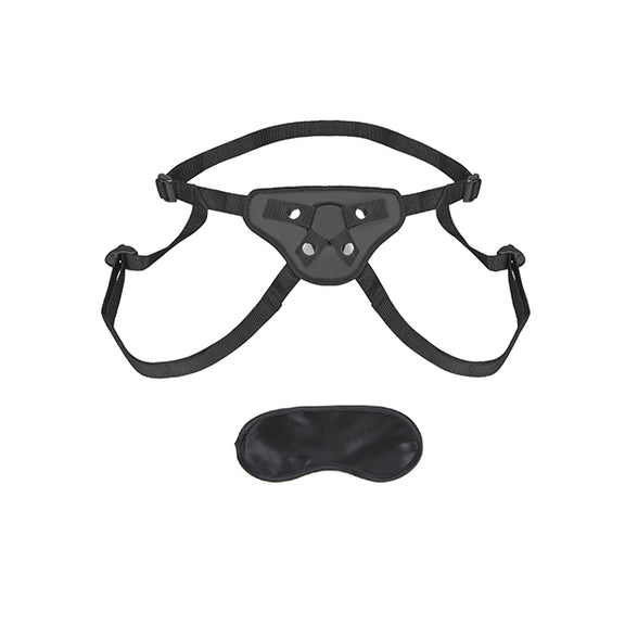 Everything included with the Lux Fetish Beginner's Strap On Harness. It includes the harness itself and a blindfold. | Kinkly Shop