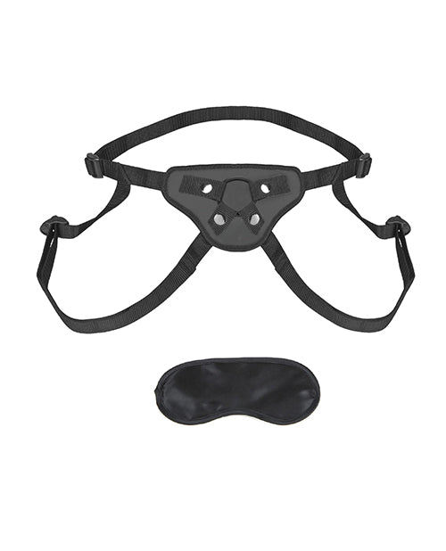 Everything included with the Lux Fetish Beginner's Strap On Harness. It includes the harness itself and a blindfold. | Kinkly Shop