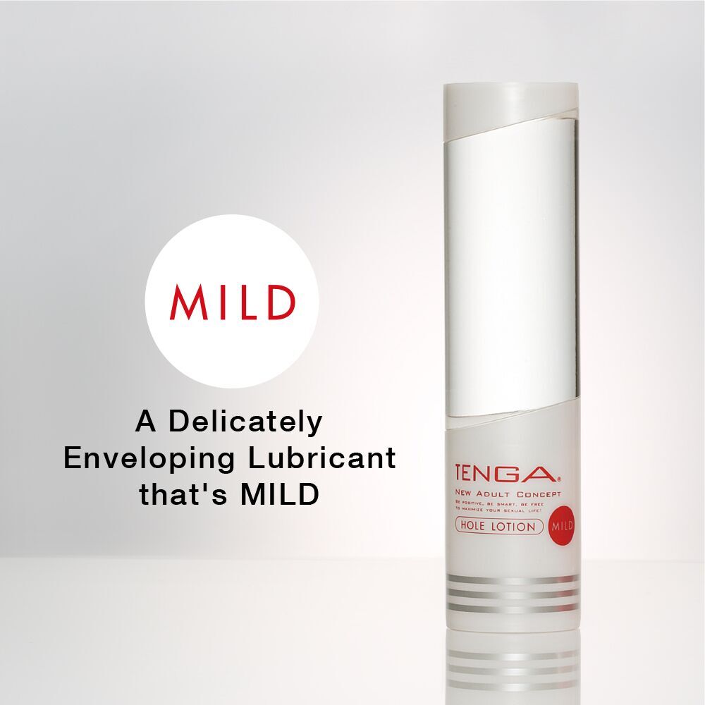 The Tenga Hole Lotion: Mild shown with descriptive text. Text reads: "Mild: A delicately enveloping lubricant that's mild." | Kinkly Shop