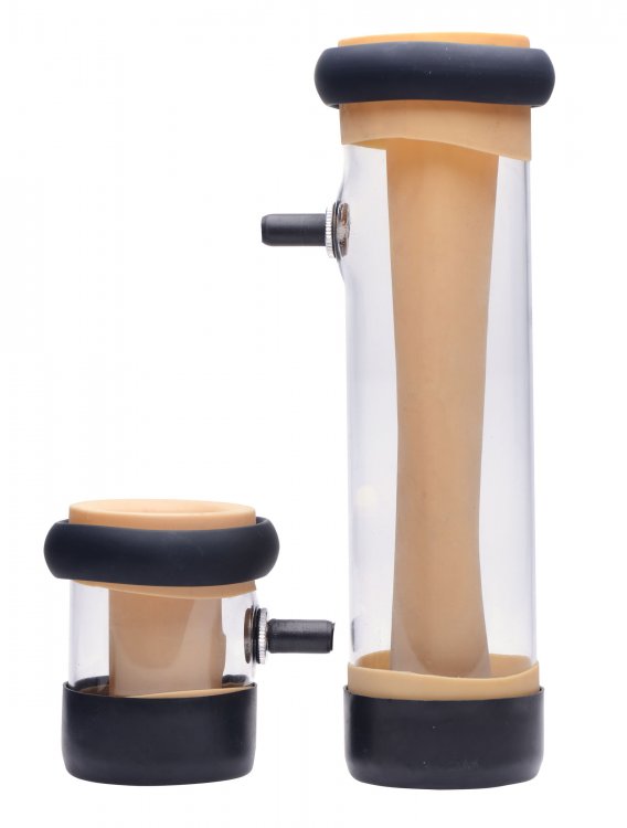 The two penis stroking tubes shown next to one another. One is 1/3rd of the size of the other. | Kinkly Shop