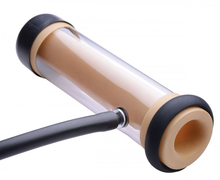 Close-up on the attachment point where the tubing of the stroker machine itself meets up with the tube of the Lovebotz Milker Deluxe Stroker Machine sleeve. | Kinkly Shop