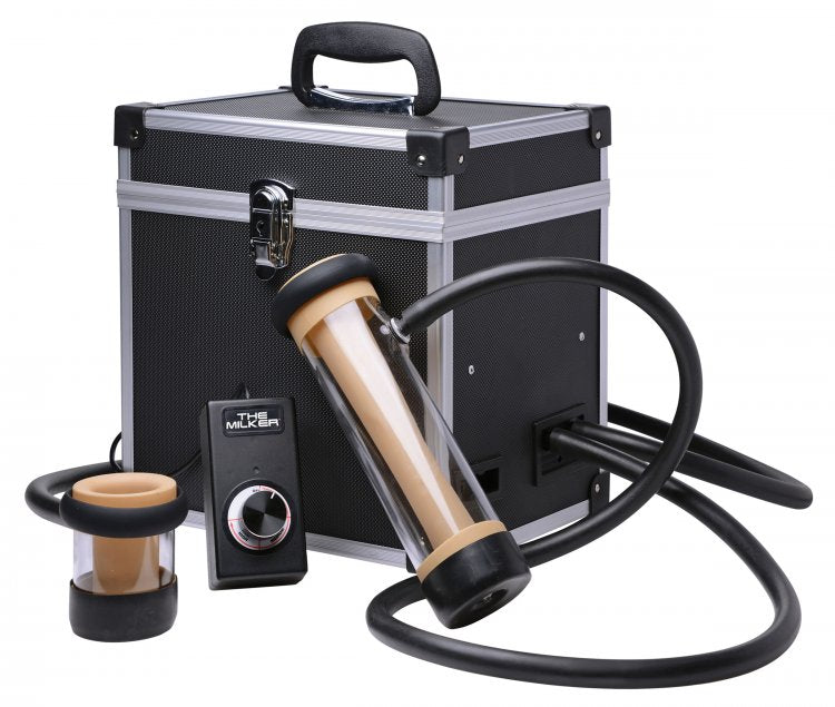 Everything included in the Lovebotz Milker Deluxe Stroker Machine shown laid out. There is the block of the machine itself, the cordage, the remote control, and the two tube lengths. | Kinkly Shop