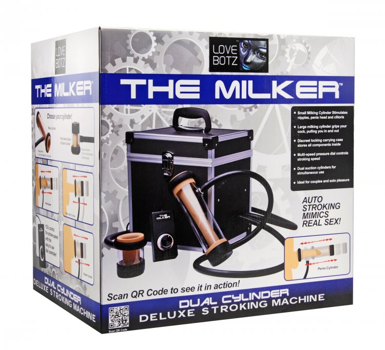 Retail packaging for the Lovebotz Milker Deluxe Stroker Machine. This box will be packed inside of a cardboard plain box for discreet shipping. | KInkly Shop