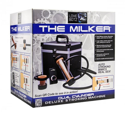 Retail packaging for the Lovebotz Milker Deluxe Stroker Machine. This box will be packed inside of a cardboard plain box for discreet shipping. | KInkly Shop
