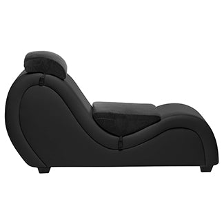 The Kinky Couch Bondage Sex Chaise in black shown with the two black bolster cushions clipped onto the straps | Kinkly Shop