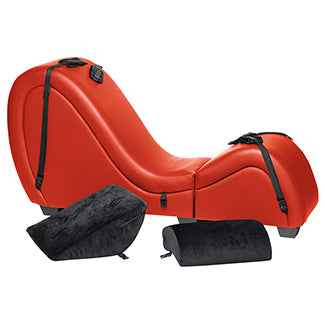 The Kinky Couch Bondage Detachable Sex Chaise in Red with the two optional bolster cushions removed and sitting in front of the chaise itself. | Kinkly Shop