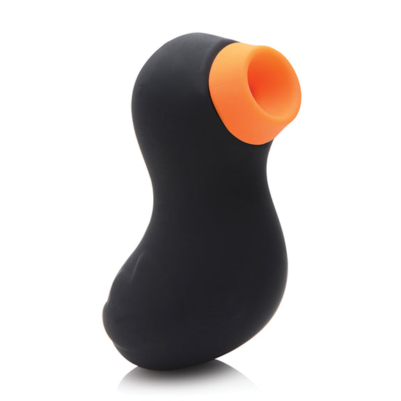 The Inmi Shegasm Sucky Ducky in black and orange. It looks like a little duck with a hollow tip that functions as an air suction hole. | Kinkly Shop