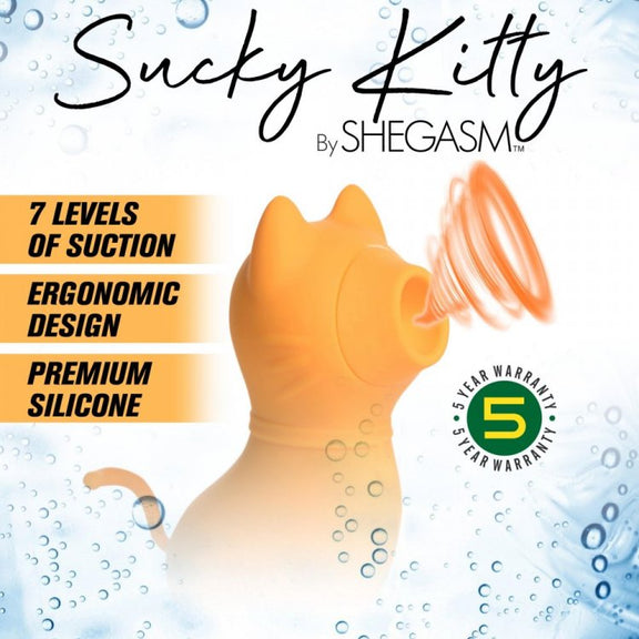 The Inmi Shegasm Sucky Kitty with text surrounding it to display its features. Text includes "Sucky Kitty by Shegasm. 7 levels of suction. Ergonomic design. Premiums silicone. 5 year warranty" | Kinkly Shop