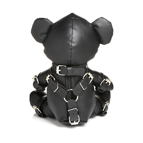 Backside of the Master Series Gimp Bear. There's a zipper on the backside of the bear as well as buckles all over the harnesses so they can be removed. | Kinkly Shop