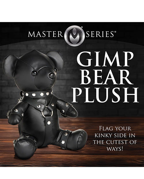 The Master Series Gimp Bear on a table next to some text. Text reads: "Gimp bear plush. Flag your kinky side in the cutest of ways." | Kinkly Shop