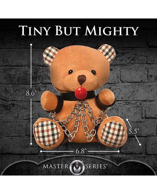 The Master Series Gagged Teddy Bear with measurements superimposed over top of the image. The measurements of included within the product text description. | Kinkly Shop