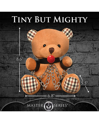 The Master Series Gagged Teddy Bear with measurements superimposed over top of the image. The measurements of included within the product text description. | Kinkly Shop