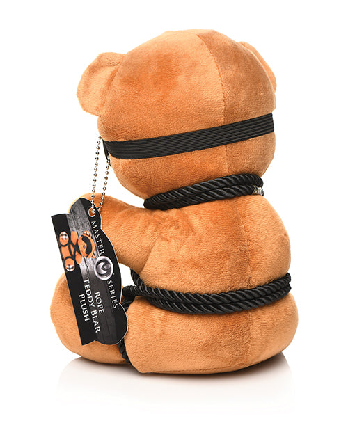 Backside of the Master Series Rope Teddy Bear. There's an elastic band that holds the blindfold on the face and four strands of shibari rope wrapping around the back of the bear. | Kinkly Shop