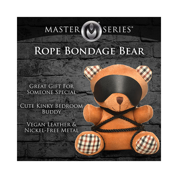 The Master Series Rope Teddy Bear surrounded by a list of features. Text reads: "Rope bondage bear. Great gift for someone special. Cute kinky bedroom buddy. Vegan leather and nickel-free metal." | Kinkly Shop