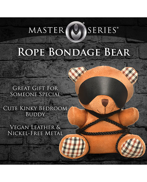 The Master Series Rope Teddy Bear surrounded by a list of features. Text reads: "Rope bondage bear. Great gift for someone special. Cute kinky bedroom buddy. Vegan leather and nickel-free metal." | Kinkly Shop