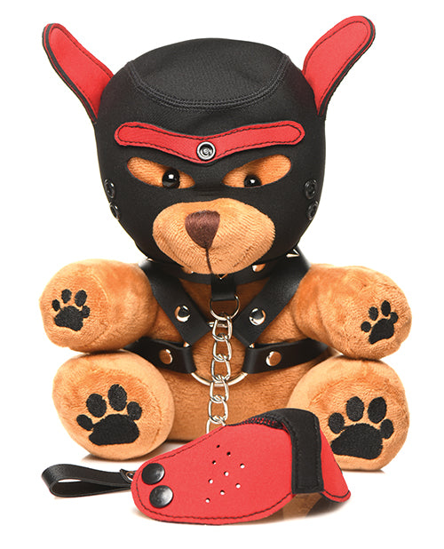 The Master Series Kinky Pup Bear  with the muzzled dog hood removed from the front of the plush toy. | Kinkly Shop