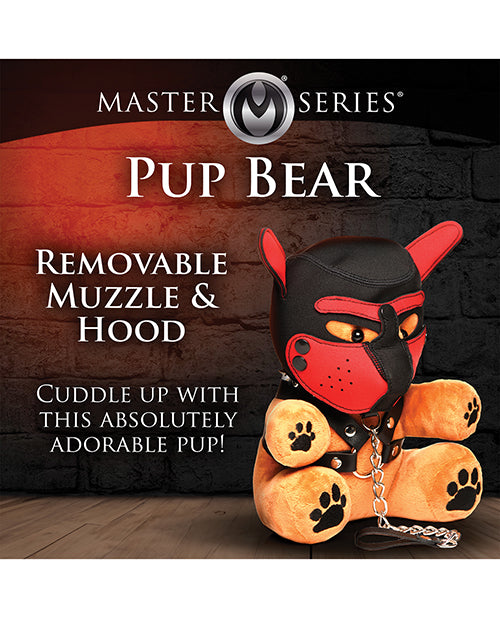 The Master Series Kinky Pup Bear listed next to the features of the toy. Text reads: "Removable muzzle and hood. Cuddle up with this absolutely adorable pup!" | Kinkly Shop