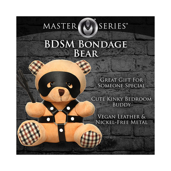 The Master Series BDSM Teddy Bear shown next to a list of features. Text on the image reads: "BDSM bondage bear. Great gift for someone special. Cute kinky bedroom buddy. Vegan leather and nickel-free metal." | Kinkly Shop