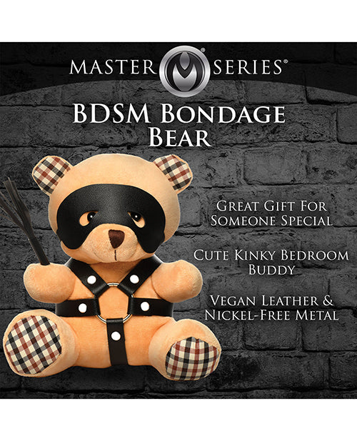 The Master Series BDSM Teddy Bear shown next to a list of features. Text on the image reads: "BDSM bondage bear. Great gift for someone special. Cute kinky bedroom buddy. Vegan leather and nickel-free metal." | Kinkly Shop