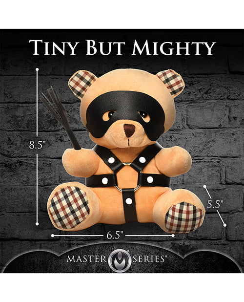 The Master Series BDSM Teddy Bear with measurements superimposed overtop of the bear. All measurements are included within the text description. | Kinkly Shop