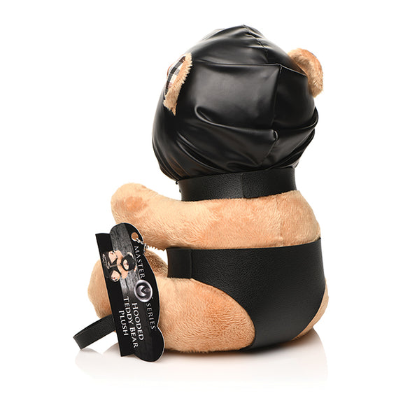 Backside of the Master Series Hooded Teddy Bear. The bear is wearing a gimp hood and a leather panty-style harness. | Kinkly Shop