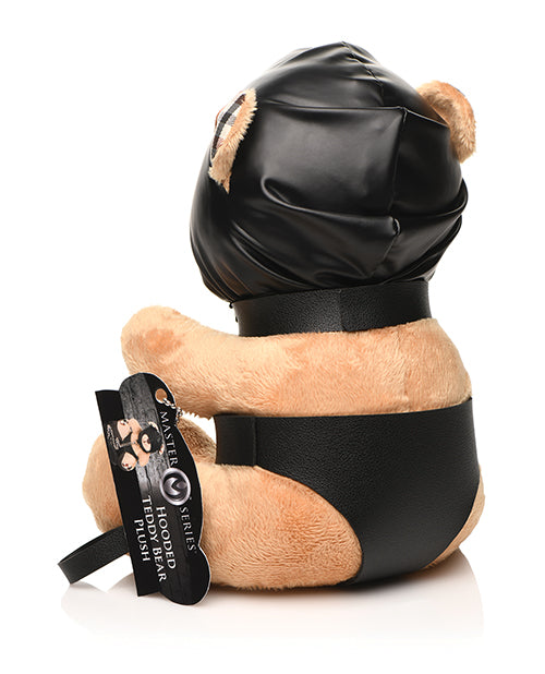 Backside of the Master Series Hooded Teddy Bear. The bear is wearing a gimp hood and a leather panty-style harness. | Kinkly Shop