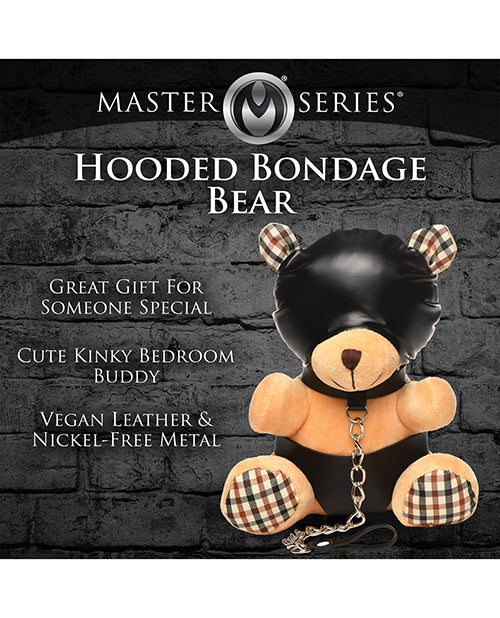 The Master Series Hooded Teddy Bear shown next to a text list of the features. Text reads: "Hooded bondage bear. Great gift for someone special. Cute kinky bedroom buddy. Vegan leath and nickel-free metal." | Kinkly Shop