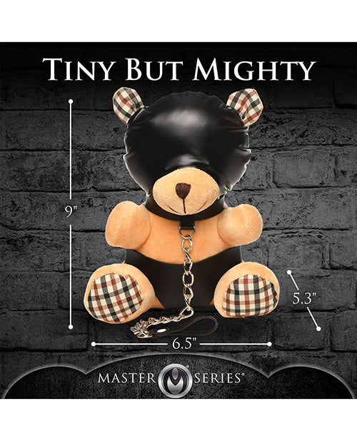 The Master Series Hooded Teddy Bear with measurements superimposed overtop of it. The product description has the text version of the measurements. | Kinkly Shop