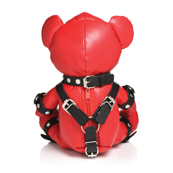 Backside of the Master Series Gimp Bear, showcasing how all of the harnesses can be removed from the bear if it's desired. | Kinkly Shop