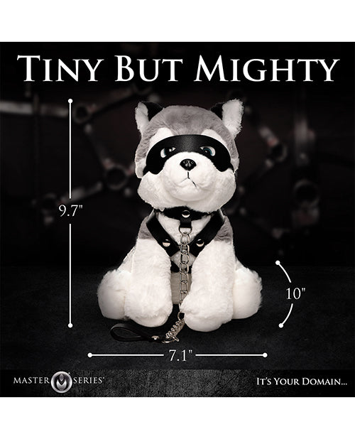 The Max the Fetish Pup with measurements superimposed overtop of the plush. All measurements are included within the text of the product description. | Kinkly Shop