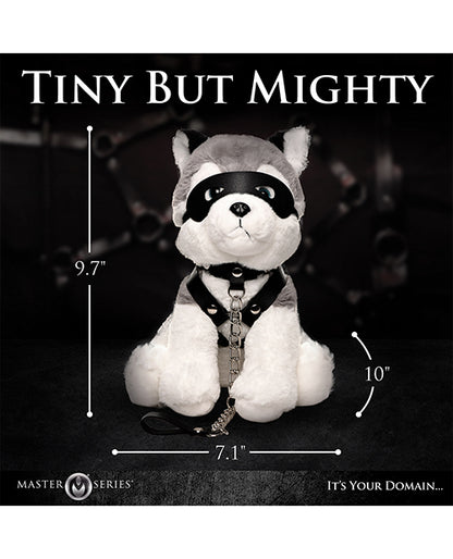 The Max the Fetish Pup with measurements superimposed overtop of the plush. All measurements are included within the text of the product description. | Kinkly Shop