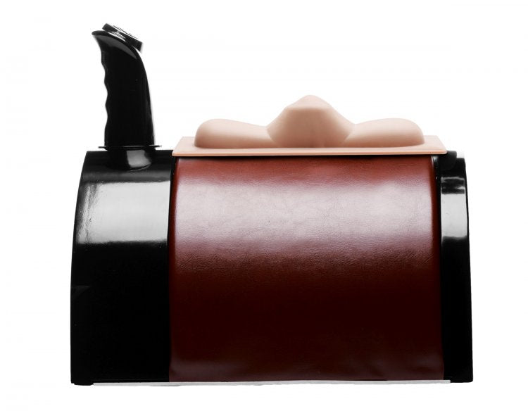 Side view of the The Saddle Deluxe Sex Machine showcases how the remote can be temporarily stored on top of the sex machine for a "saddle" appearance while the non-penetrative attachment is on top of the The Saddle Deluxe sex machine. | Kinkly Shop