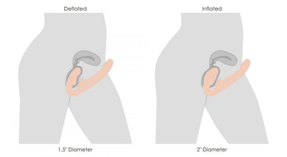Two illustrations shown side by side show the wearer with the wearer's bulb of the Strap U Ergo-Fit Inflatable & Vibrating Strapless Strap-On inserted inside of them. In one, the toy is fully deflated at a 1.5" diameter. In the other, the toy is fully inflated at a 2" diameter. | Kinkly Shop