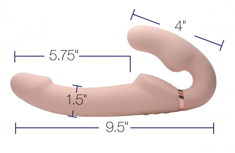 The Strap U Ergo-Fit Inflatable & Vibrating Strapless Strap-On with measurements written all over the sides of the toy. All measurements can be found within the product text description. | Kinkly Shop