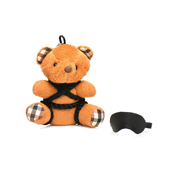 The Master Series Bound Teddy Bear Keychain shown with the optional blindfold removed from the bear. | Kinkly Shop