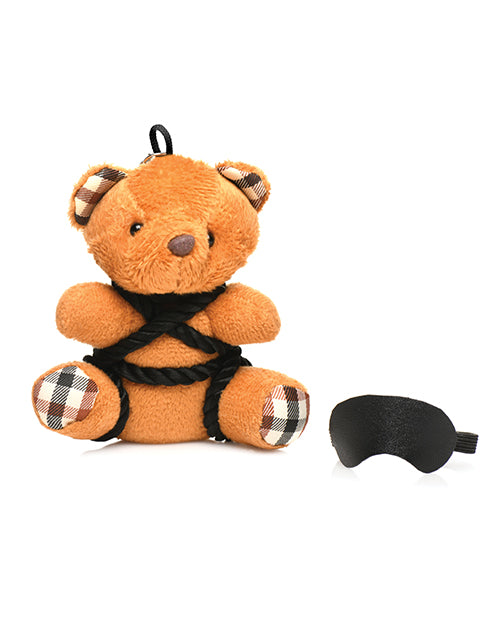 The Master Series Bound Teddy Bear Keychain shown with the optional blindfold removed from the bear. | Kinkly Shop