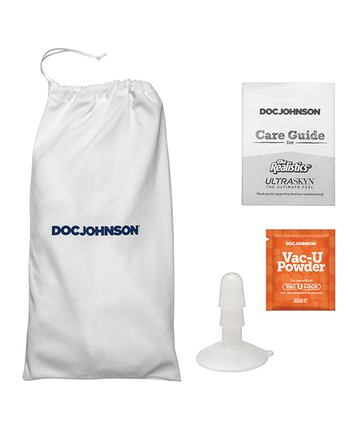 Everything included with the Signature Cocks - Ricky Johnson dildo. It includes a drawstring storage bag, a Vac-U-Lock suction plug, a care guide, and Vac-U-Lock powder sample. | Kinkly Shop