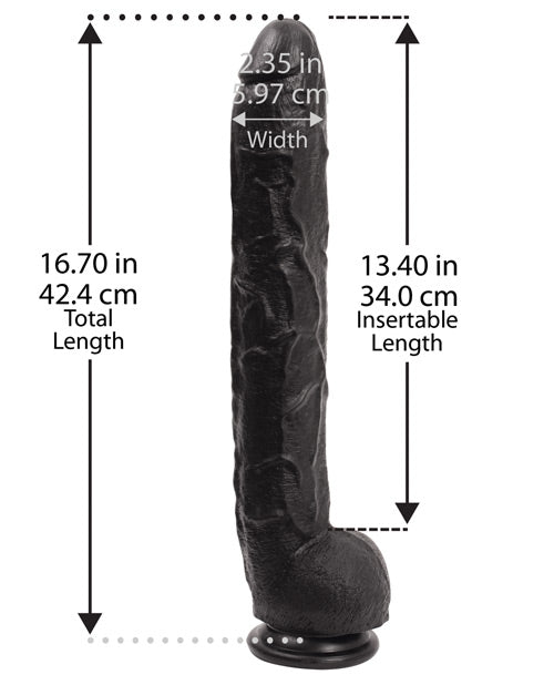 A photo of the Dick Rambone dildo with measurements superimposed over top of it. All measurements can be found within the text of the product description as well. | Kinkly Shop