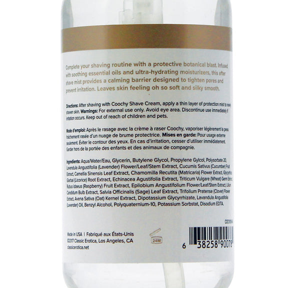 Backside of the bottle of COOCHY After-Shave Rash Rescue Mist | Kinkly Shop